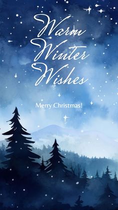 a christmas card with the words merry wishes written in white on blue watercolor paper