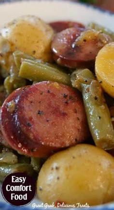 A close up of a delicious sausage, green bean, potato casserole. Sausage Green Bean Potato Casserole, Green Bean Potato Casserole, Kilbasa Sausage Recipes, Sausage And Green Beans, Potatoes And Green Beans, Beans And Sausage