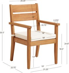 a wooden chair with measurements for the seat and back