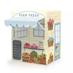 a cardboard box with an image of a farmers market