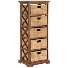 a tall wooden shelf with four baskets on it