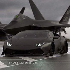 a black sports car parked in front of a jet fighter plane on an airport runway