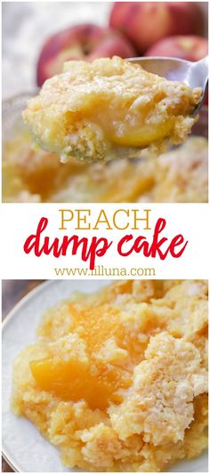 peach dump cake on a plate with a spoon in it and the words peach dump cake above