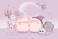 two pigs kissing each other in front of a full moon and graveyard with skulls on the ground