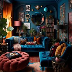 a living room filled with blue couches and lots of pictures hanging on the wall