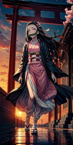 an anime character with long hair walking in front of a gate at sunset, wearing a kimono