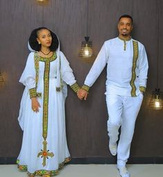 Habesha cloth for men and woman White Fitted Habesha Kemis For Wedding, White Fitted Habesha Kemis For Traditional Ceremonies, Fitted White Habesha Kemis For Traditional Ceremonies, African Bride Dress, Couples African Outfits, Ethiopian Clothing, Habesha Dress, Ethiopian Traditional Dress, Ethiopian Dress