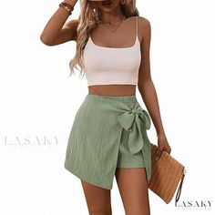 Lasaky - Asymmetrical Hem Elastic Waist Casual Shorts with Stylish Front Tie Fitted Maxi Dress, Floral Print Chiffon, Beach Skirt, Half Skirt, Embroidered Skirt, Bodycon Dress Parties, Pant Length, Waist Circumference, Color Shorts