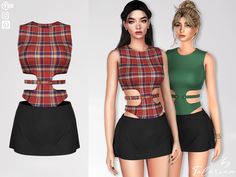 A stylish outfit featuring a sleeveless crop top with bold cutouts at the waist, secured with metallic buckle details, paired with a simple black mini skirt Available in 25 colors All maps, all lods HQ Clothes Cc, Cc Clothes, Female Clothing, Cc Sims, Stylish Outfit, Sims 4 Clothing, Sleeveless Crop Top, Black Mini Skirt