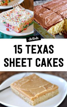 texas sheet cakes with chocolate frosting and sprinkles on the top are shown