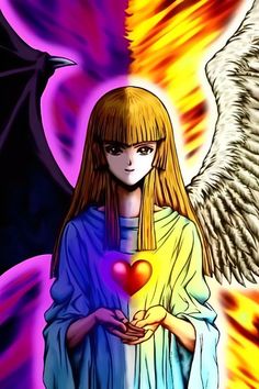 an angel holding a heart surrounded by flames