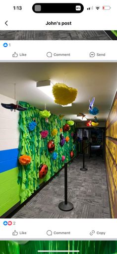 an image of the inside of a building that is decorated with green and yellow decorations