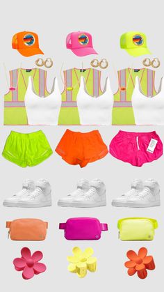 an assortment of different colored shorts and hats