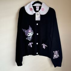 Sanrio Kuromi Dress Up Collared Cardigan Juniors Large New Cute Black Cardigan For Fall, Cute Black Long Sleeve Cardigan, Kuromi Clothing, Black Long Sleeve Cute Cardigan, Kuromi Dress, Kuromi Sweater, Sanrio Sweater Vest, Kuromi Fashion Aesthetic, Kuromi Cardigan