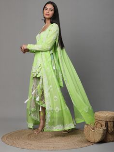 Neon Green Colour Suit, High Low Pattern White Cutwork, Dhoti and Jacket Pure crepe 3(Suit, Dhoti, Cape) Suit Cape Suit, Upcycled Tote, Pop Up Event, Pattern White, Green Colour, Cut Work, Anarkali, Neon Green, Green Colors