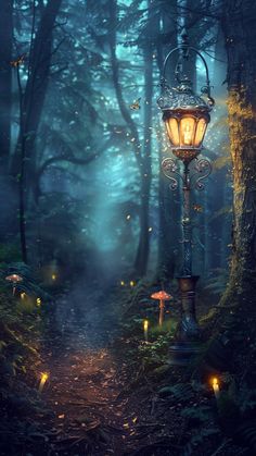 a lamp post in the middle of a forest filled with lots of trees and mushrooms