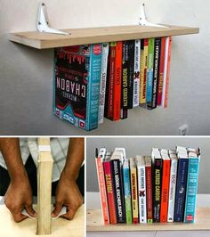 there are three different pictures with books on the shelf and one has a book holder