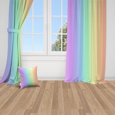 a room with a window, curtains and a rainbow colored pillow on the wooden floor