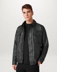 Men's Cheviot Leather Quarry Overshirt in Black | Belstaff US Black Leather Button-up Top, Leather Long Sleeve Shirt For Fall, Fall Long Sleeve Leather Shirt, Black Shirt With Flap Pockets For Fall, Luxury Spread Collar Shirt For Fall, Casual Leather Shirt For Fall, Luxury Collared Shirt For Fall, Casual Leather Tops With Pockets, Black Leather Collared Top