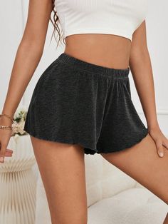 Solid Elastic Waist Lounge Shorts Dark Grey Casual-Woman   Fabric Plain  Medium Stretch All Women Sleep & Lounge, size features are:Bust: ,Length: ,Sleeve Length: Cheap High-waisted Shorts For Loungewear, Gray Short Lounging Bottoms, Summer Sleepwear For Loungewear, Short Length, Fitted Mini-length Shorts For Loungewear, Short-length Pajama Shorts With Elastic Waistband For Sleep, Cute Lounge, Fall Fashion Accessories, Lounge Shorts, Kids Sleepwear