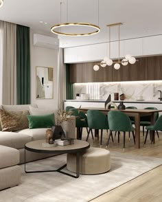 a dining room and kitchen area with wood flooring, white walls and wooden stairs