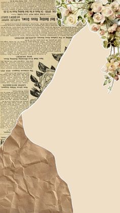 an old newspaper with torn paper and flowers in the shape of a woman's head