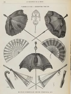 an old book with different types of umbrellas