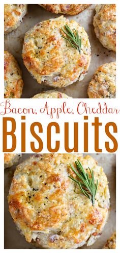 bacon, apple and cheddar biscuits with rosemary sprigs on top are shown