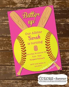 a softball themed birthday party with bat and ball on the front, text reads batter up our all star softball is turning 6