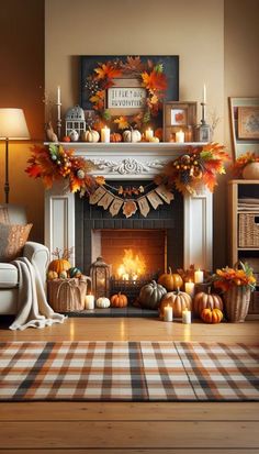 a living room decorated for fall with pumpkins, candles and other autumn decorations on the mantel