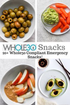 four different pictures with the words whole 30 snacks and some vegetables in bowls next to them