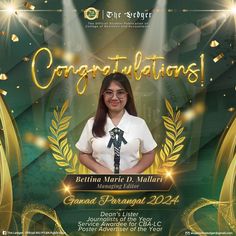 a woman is standing in front of a green background with gold decorations and congratulationss