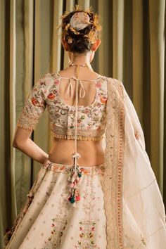 Ivory can can attached lehenga featuring zardozi-thread embroidered floral jaal motifs along the panels, patchwork hemline, embellished by sequins. Comes with beaded tassel embellished padded blouse and scalloped border dupatta. - Aza Fashions Ceremonial Semi-stitched Lehenga With Intricate Embroidery, Bohemian Lehenga With Multicolor Embroidery And Cutdana, Embroidered Lace Lehenga, Semi-stitched, Luxury Pearl Embroidered Lehenga, Semi-stitched Bohemian Lehenga With Floral Embroidery, Scalloped Border, Padded Blouse, Bridal Lehengas, Bridal Lehenga