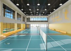 an indoor tennis court with blue and yellow tiles on the floor is shown in this rendering