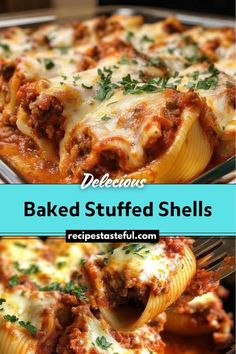 baked stuffed shells with meat and cheese in a casserole dish on a plate