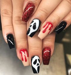 Find some spooky Halloween Nail Designs gathered together for you to become inspired by. Show your spooktacular style with these Halloween Nail Designs. Halloween Nail, Halloween Nails, Nail Designs, Nail Polish, Halloween, Nails, Red, Black