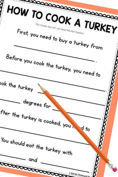 a printable thanksgiving turkey recipe with a pencil in it and the words how to cook a turkey