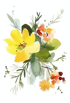 watercolor painting of yellow flowers and green leaves