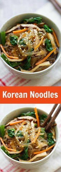 two bowls filled with noodles and vegetables next to chopsticks on a red and white napkin