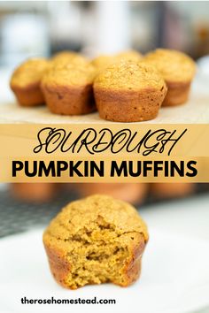 pumpkin muffins on a white plate with text overlay