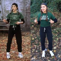 two girls in green shirts and black pants