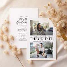 a couple's wedding announcement card with the same photo on it, next to some dried flowers