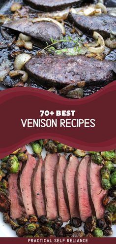 steak and vegetables on a grill with the title, 70 best venison recipes practical self - reliance