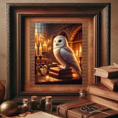 an owl sitting on top of a pile of books in front of a framed painting