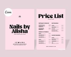 the price list for nails by alisha is shown in black and white on a pink background