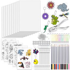 an assortment of crafting supplies including crayons, markers, and stickers