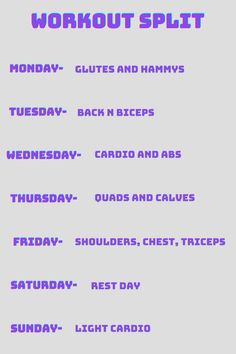 a poster with the words workout split in purple and blue font on it, as well as instructions for how to do an exercise