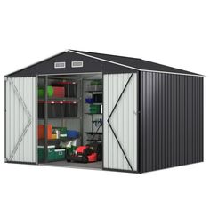 a metal shed with the doors open and shelves full of items in front of it