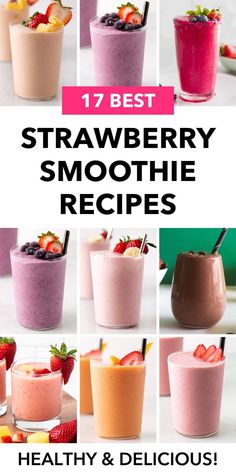 smoothie recipe book with images of different smoothies in glasses and strawberries on the side