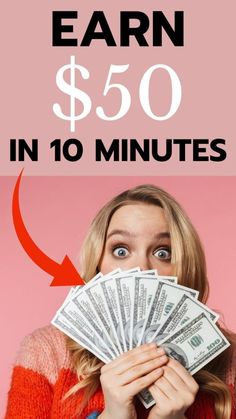 a woman covering her face with money and the words earn $ 500 in 10 minutes